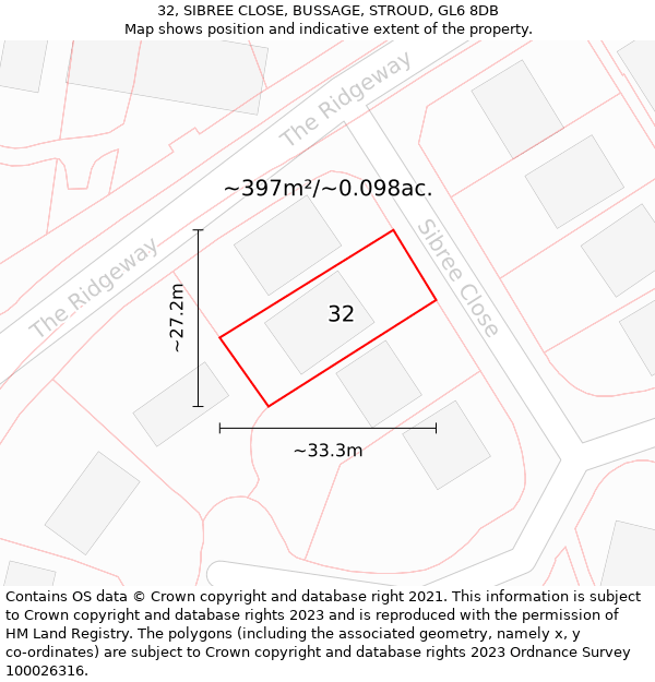 32, SIBREE CLOSE, BUSSAGE, STROUD, GL6 8DB: Plot and title map