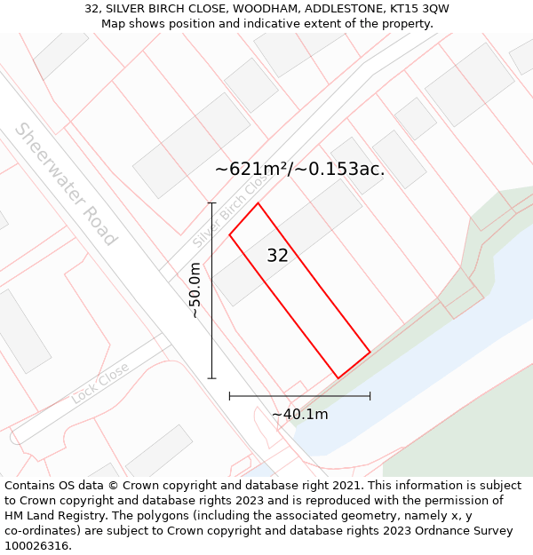 32, SILVER BIRCH CLOSE, WOODHAM, ADDLESTONE, KT15 3QW: Plot and title map