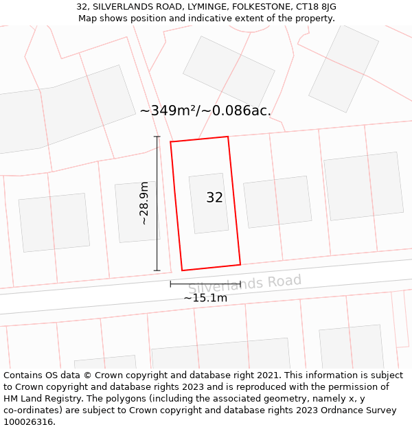 32, SILVERLANDS ROAD, LYMINGE, FOLKESTONE, CT18 8JG: Plot and title map