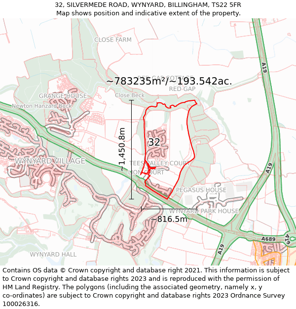 32, SILVERMEDE ROAD, WYNYARD, BILLINGHAM, TS22 5FR: Plot and title map