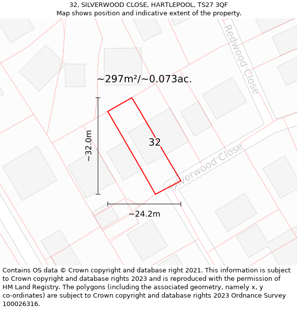32, SILVERWOOD CLOSE, HARTLEPOOL, TS27 3QF: Plot and title map