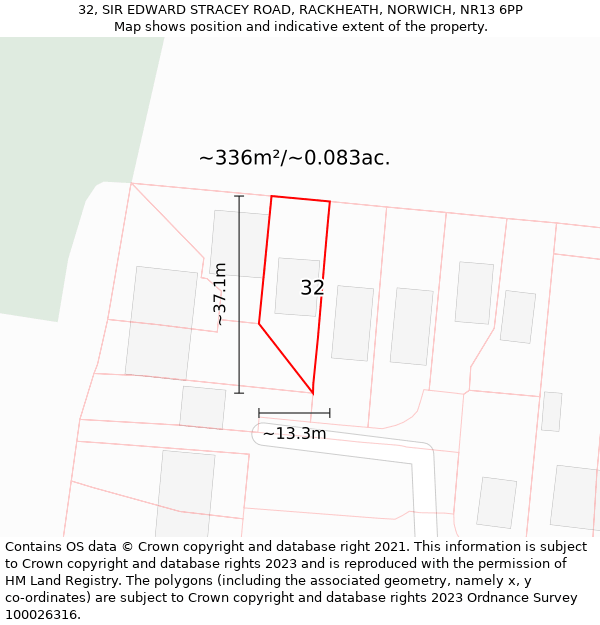 32, SIR EDWARD STRACEY ROAD, RACKHEATH, NORWICH, NR13 6PP: Plot and title map