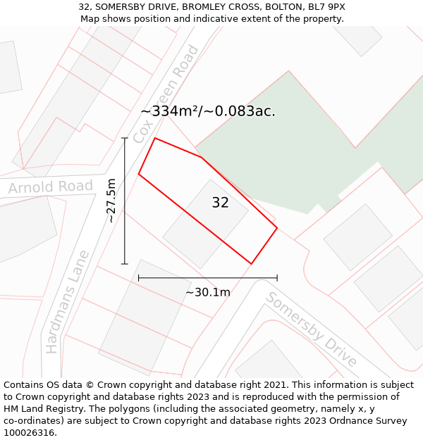 32, SOMERSBY DRIVE, BROMLEY CROSS, BOLTON, BL7 9PX: Plot and title map