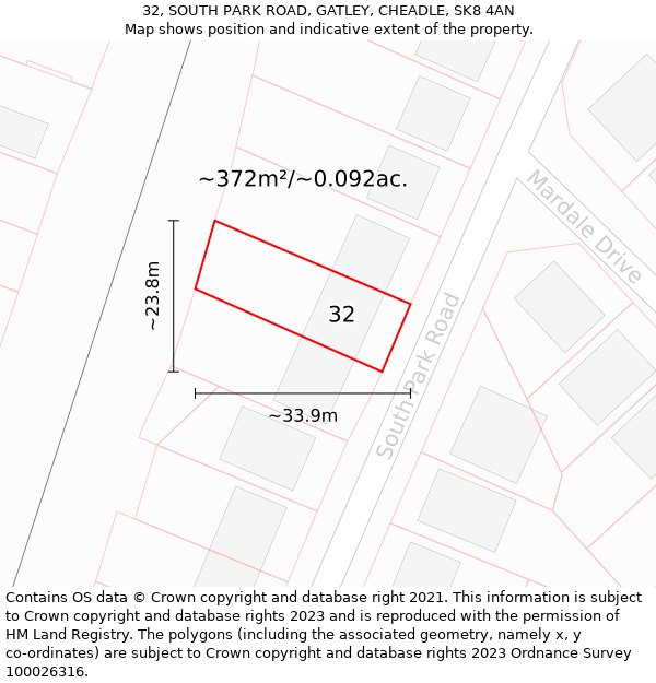 32, SOUTH PARK ROAD, GATLEY, CHEADLE, SK8 4AN: Plot and title map