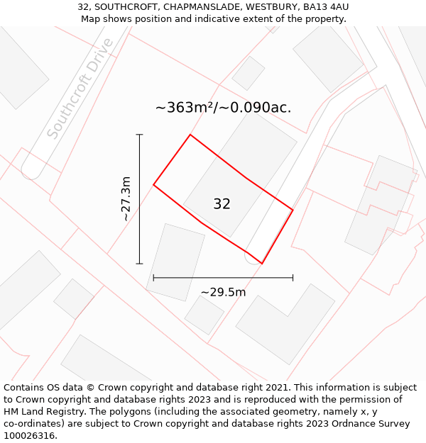 32, SOUTHCROFT, CHAPMANSLADE, WESTBURY, BA13 4AU: Plot and title map