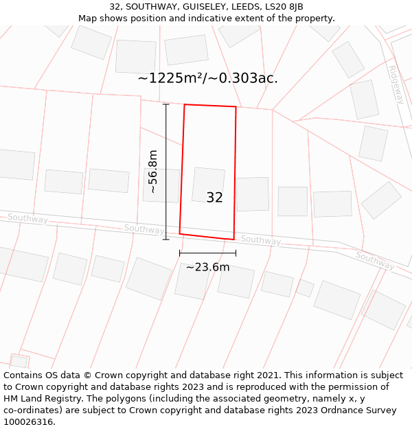 32, SOUTHWAY, GUISELEY, LEEDS, LS20 8JB: Plot and title map