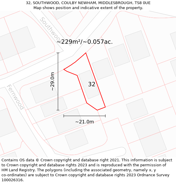 32, SOUTHWOOD, COULBY NEWHAM, MIDDLESBROUGH, TS8 0UE: Plot and title map