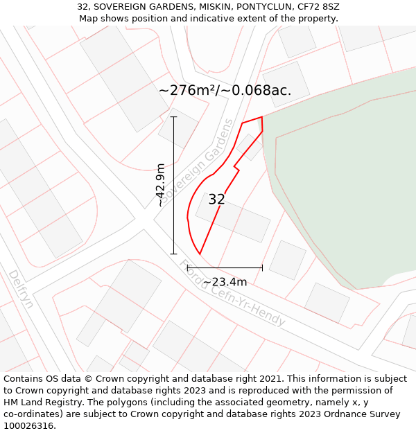 32, SOVEREIGN GARDENS, MISKIN, PONTYCLUN, CF72 8SZ: Plot and title map