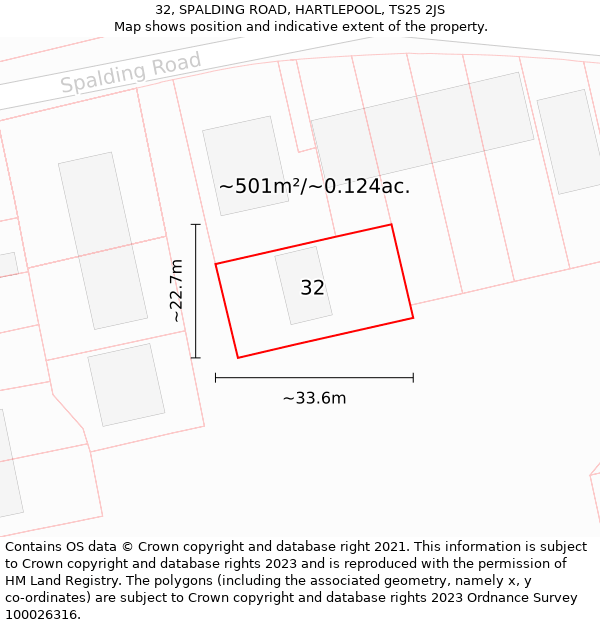 32, SPALDING ROAD, HARTLEPOOL, TS25 2JS: Plot and title map