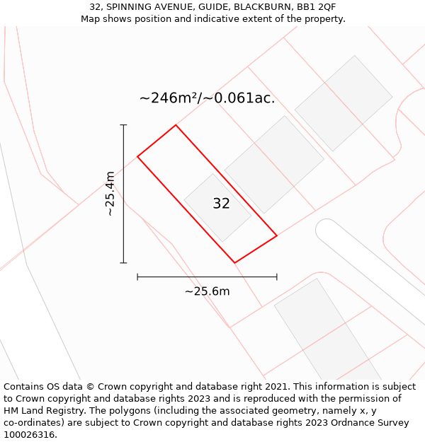 32, SPINNING AVENUE, GUIDE, BLACKBURN, BB1 2QF: Plot and title map