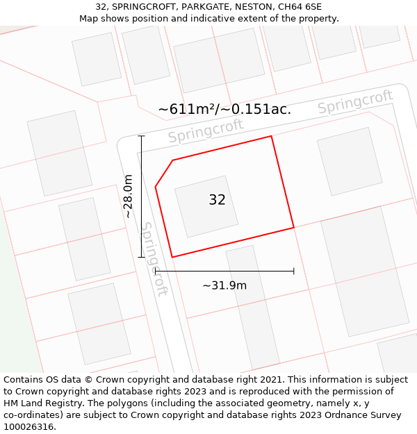 32, SPRINGCROFT, PARKGATE, NESTON, CH64 6SE: Plot and title map