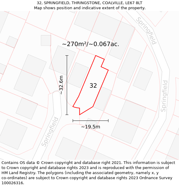 32, SPRINGFIELD, THRINGSTONE, COALVILLE, LE67 8LT: Plot and title map