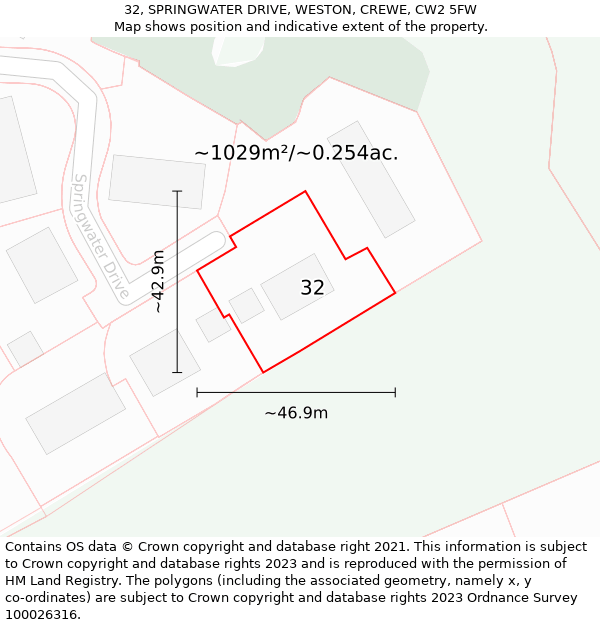 32, SPRINGWATER DRIVE, WESTON, CREWE, CW2 5FW: Plot and title map