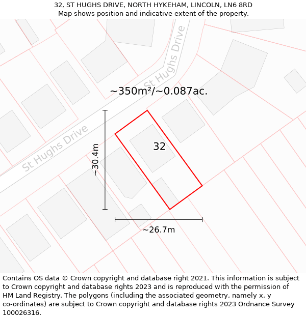 32, ST HUGHS DRIVE, NORTH HYKEHAM, LINCOLN, LN6 8RD: Plot and title map