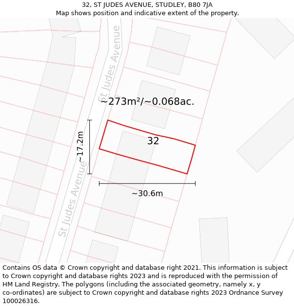 32, ST JUDES AVENUE, STUDLEY, B80 7JA: Plot and title map