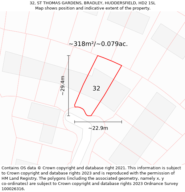 32, ST THOMAS GARDENS, BRADLEY, HUDDERSFIELD, HD2 1SL: Plot and title map