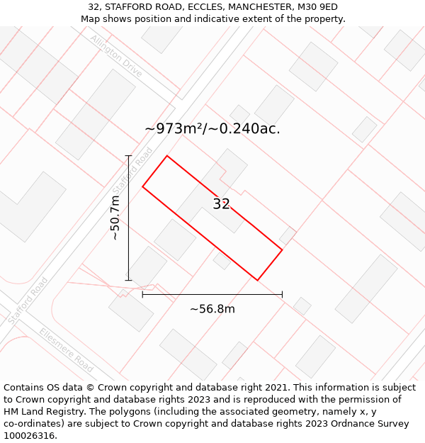 32, STAFFORD ROAD, ECCLES, MANCHESTER, M30 9ED: Plot and title map