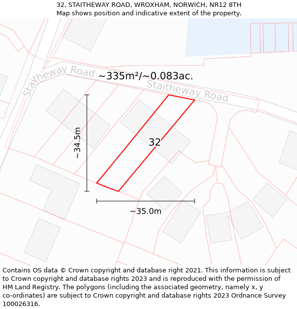 32, STAITHEWAY ROAD, WROXHAM, NORWICH, NR12 8TH: Plot and title map