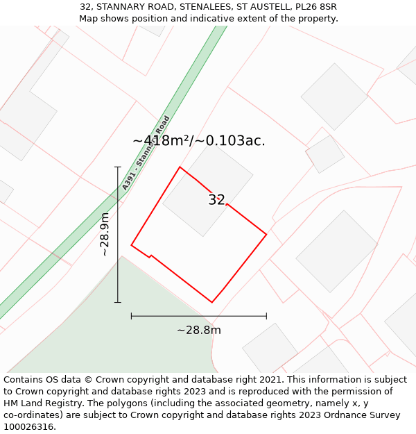 32, STANNARY ROAD, STENALEES, ST AUSTELL, PL26 8SR: Plot and title map