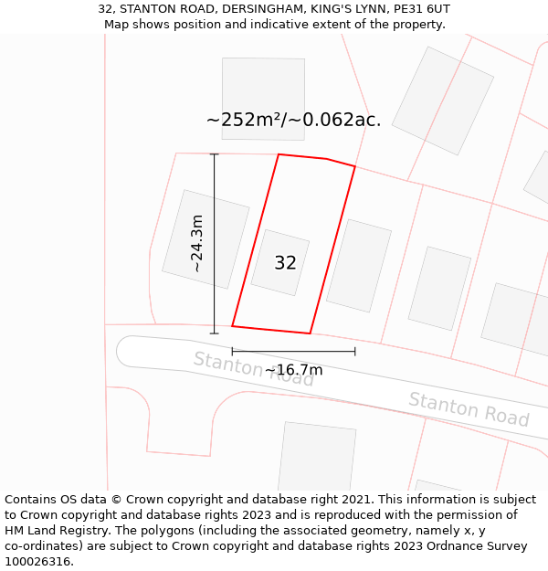 32, STANTON ROAD, DERSINGHAM, KING'S LYNN, PE31 6UT: Plot and title map