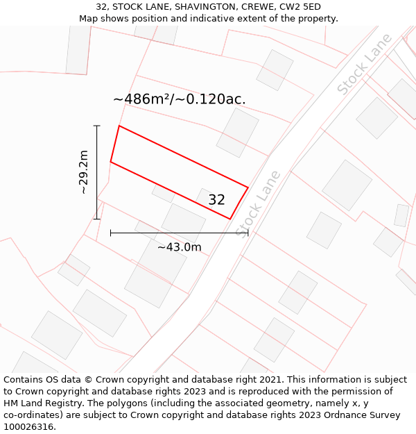 32, STOCK LANE, SHAVINGTON, CREWE, CW2 5ED: Plot and title map