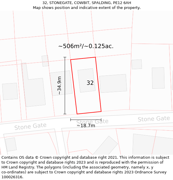 32, STONEGATE, COWBIT, SPALDING, PE12 6AH: Plot and title map