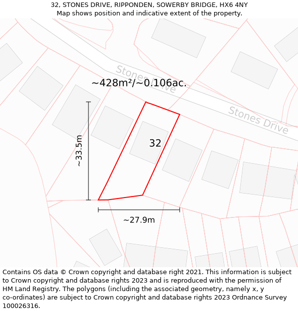 32, STONES DRIVE, RIPPONDEN, SOWERBY BRIDGE, HX6 4NY: Plot and title map