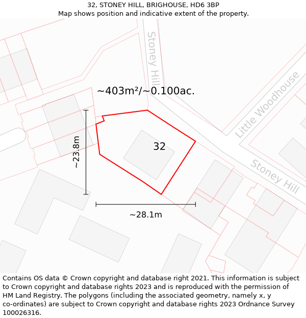 32, STONEY HILL, BRIGHOUSE, HD6 3BP: Plot and title map