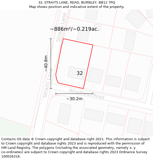 32, STRAITS LANE, READ, BURNLEY, BB12 7PQ: Plot and title map