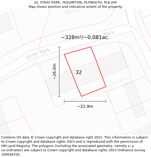 32, STRAY PARK, YEALMPTON, PLYMOUTH, PL8 2HF: Plot and title map