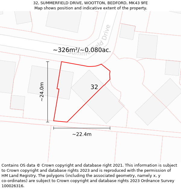 32, SUMMERFIELD DRIVE, WOOTTON, BEDFORD, MK43 9FE: Plot and title map