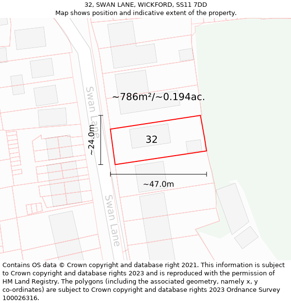 32, SWAN LANE, WICKFORD, SS11 7DD: Plot and title map