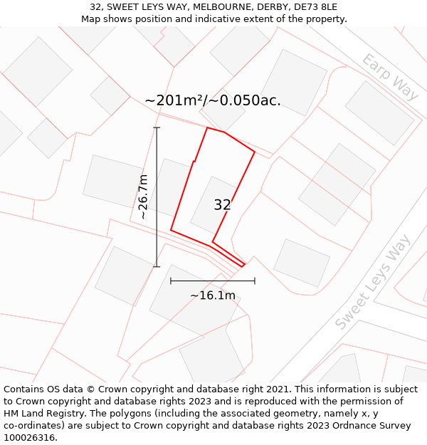 32, SWEET LEYS WAY, MELBOURNE, DERBY, DE73 8LE: Plot and title map