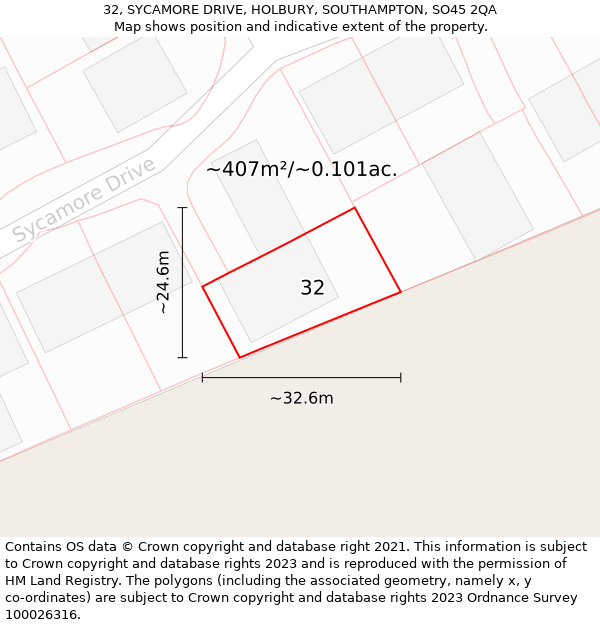 32, SYCAMORE DRIVE, HOLBURY, SOUTHAMPTON, SO45 2QA: Plot and title map