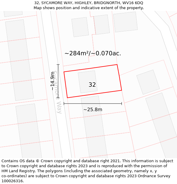 32, SYCAMORE WAY, HIGHLEY, BRIDGNORTH, WV16 6DQ: Plot and title map