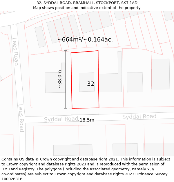 32, SYDDAL ROAD, BRAMHALL, STOCKPORT, SK7 1AD: Plot and title map