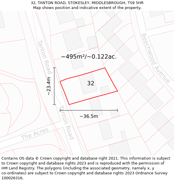 32, TANTON ROAD, STOKESLEY, MIDDLESBROUGH, TS9 5HR: Plot and title map
