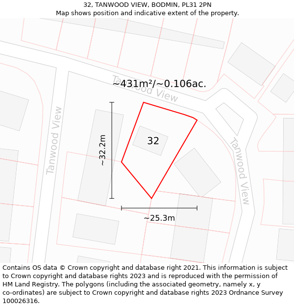 32, TANWOOD VIEW, BODMIN, PL31 2PN: Plot and title map