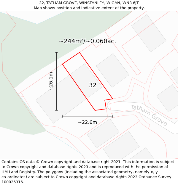 32, TATHAM GROVE, WINSTANLEY, WIGAN, WN3 6JT: Plot and title map