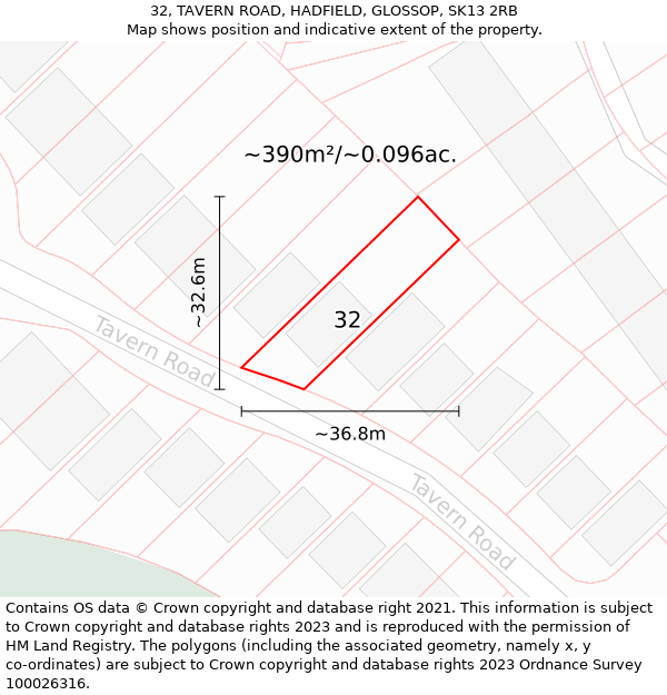 32, TAVERN ROAD, HADFIELD, GLOSSOP, SK13 2RB: Plot and title map