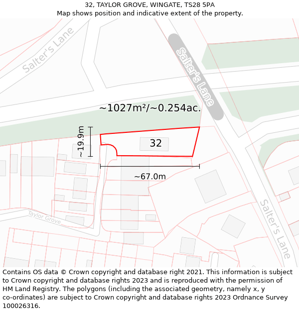 32, TAYLOR GROVE, WINGATE, TS28 5PA: Plot and title map