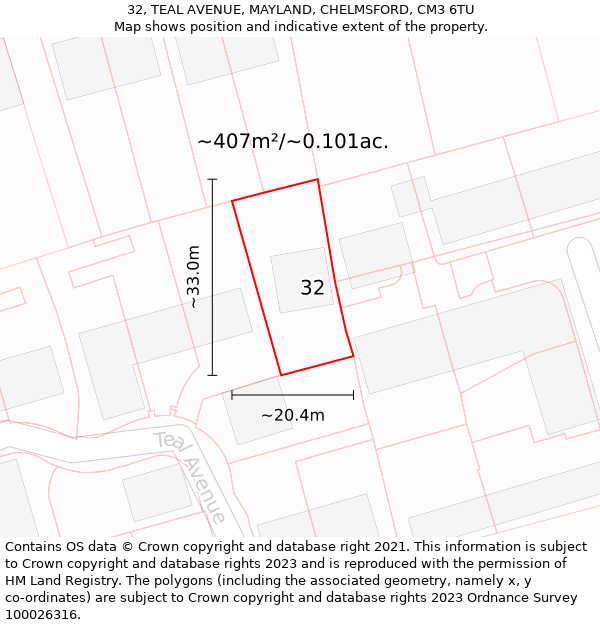 32, TEAL AVENUE, MAYLAND, CHELMSFORD, CM3 6TU: Plot and title map