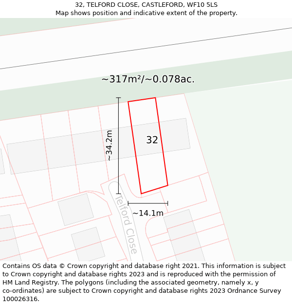 32, TELFORD CLOSE, CASTLEFORD, WF10 5LS: Plot and title map