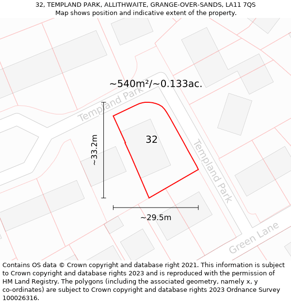 32, TEMPLAND PARK, ALLITHWAITE, GRANGE-OVER-SANDS, LA11 7QS: Plot and title map