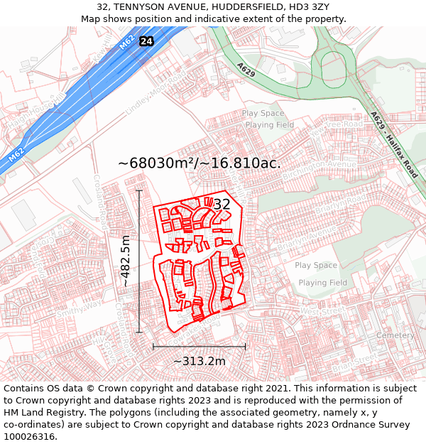 32, TENNYSON AVENUE, HUDDERSFIELD, HD3 3ZY: Plot and title map