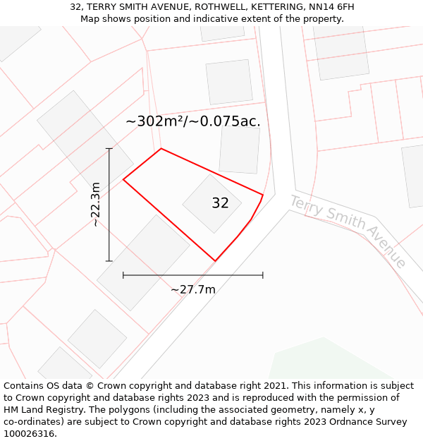 32, TERRY SMITH AVENUE, ROTHWELL, KETTERING, NN14 6FH: Plot and title map