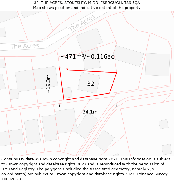 32, THE ACRES, STOKESLEY, MIDDLESBROUGH, TS9 5QA: Plot and title map