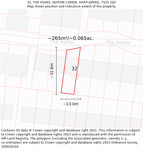 32, THE ASHES, SEATON CAREW, HARTLEPOOL, TS25 2QY: Plot and title map