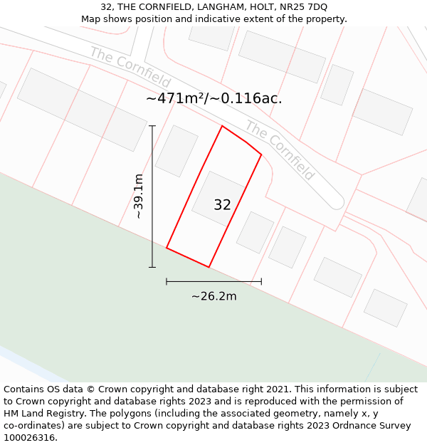 32, THE CORNFIELD, LANGHAM, HOLT, NR25 7DQ: Plot and title map