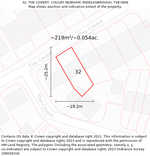 32, THE COVERT, COULBY NEWHAM, MIDDLESBROUGH, TS8 0WN: Plot and title map